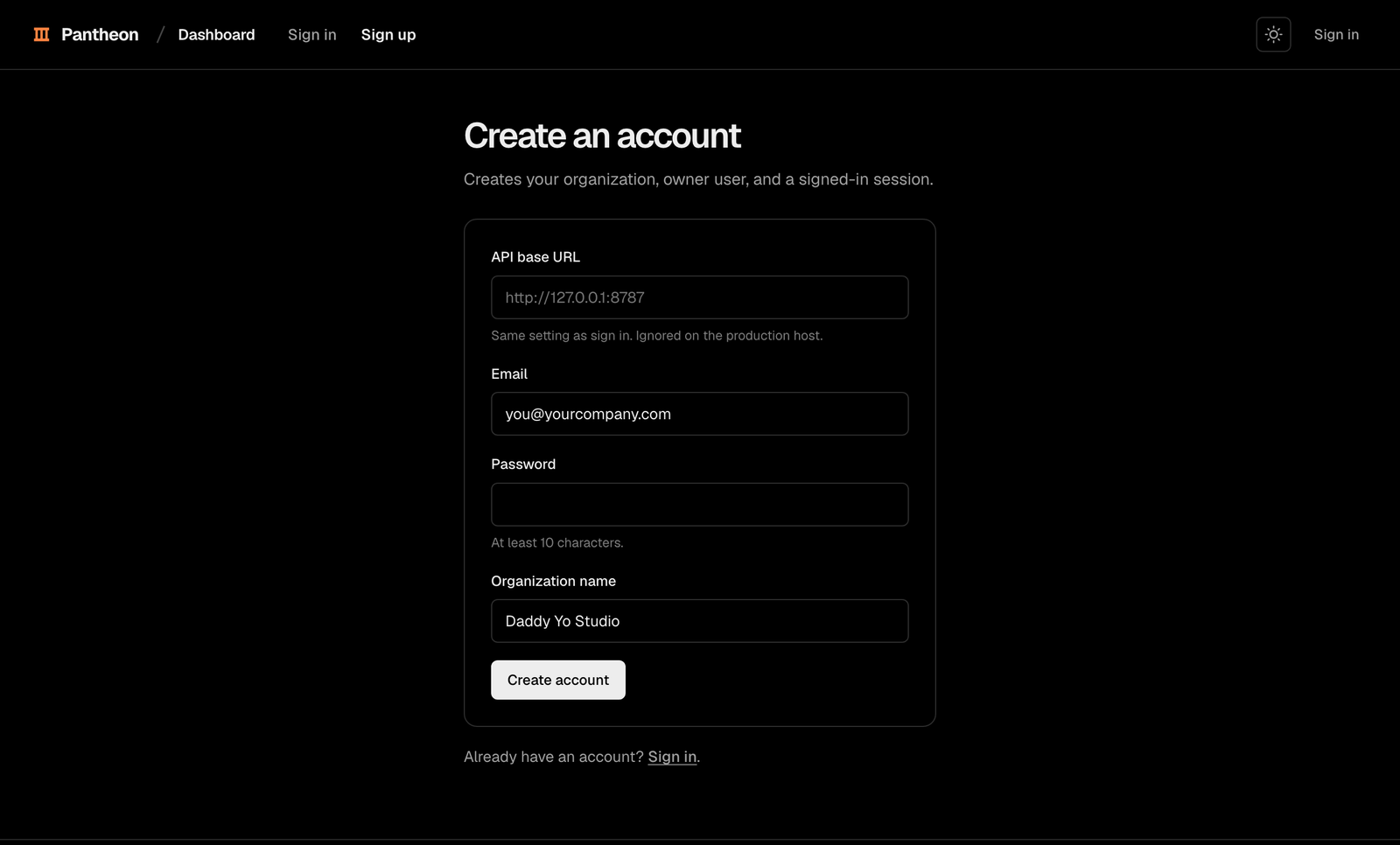 Pantheon Create an account form in the dark theme