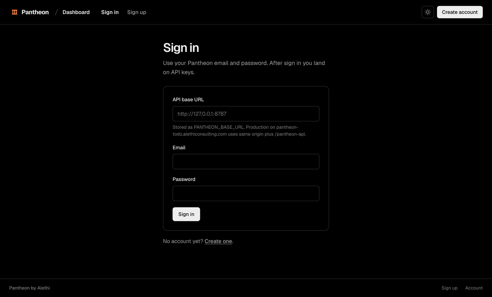 Pantheon Sign in form in the dark theme