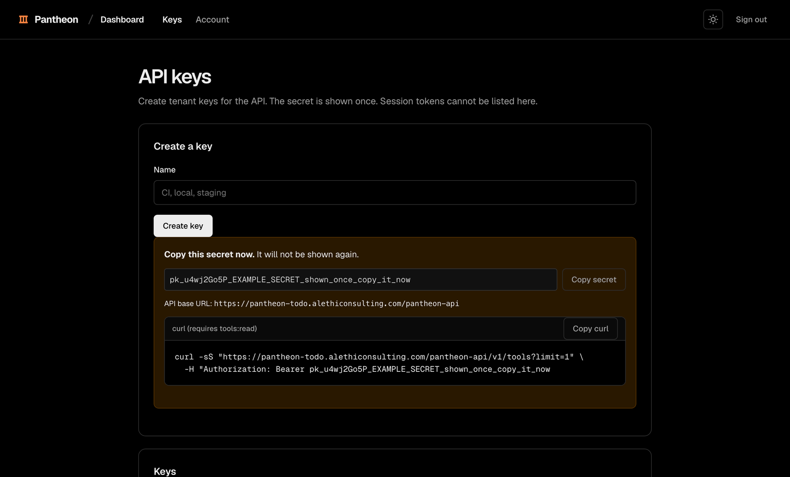 Pantheon keys page showing a newly created one time secret