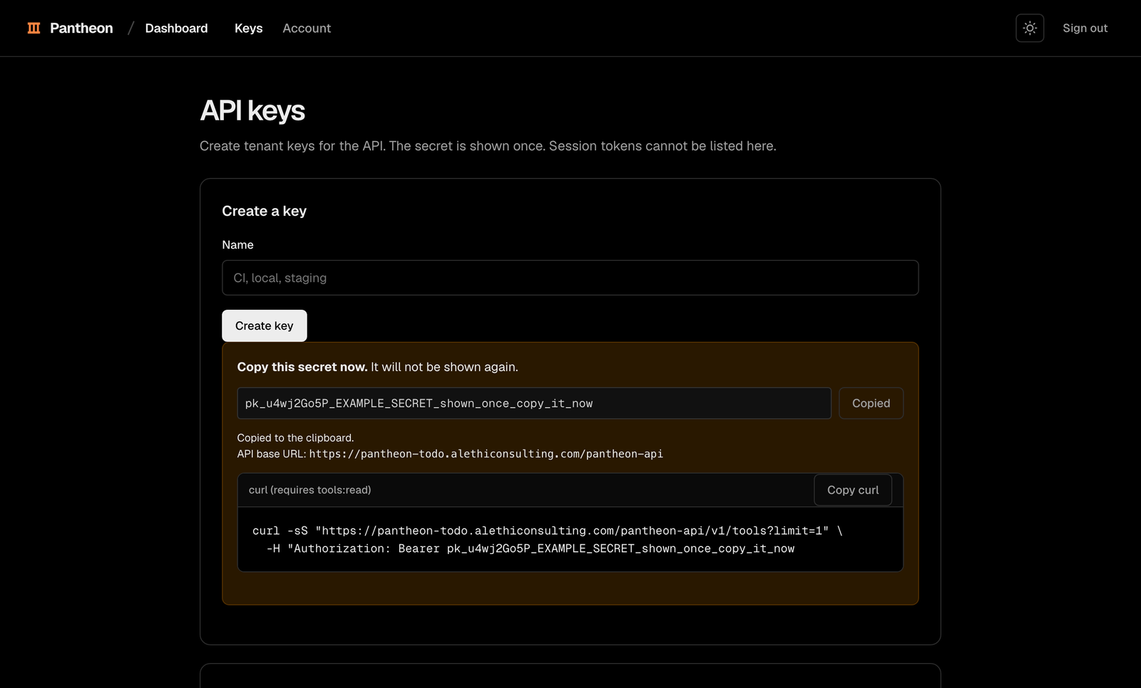 Pantheon keys page confirming the secret was copied to the clipboard