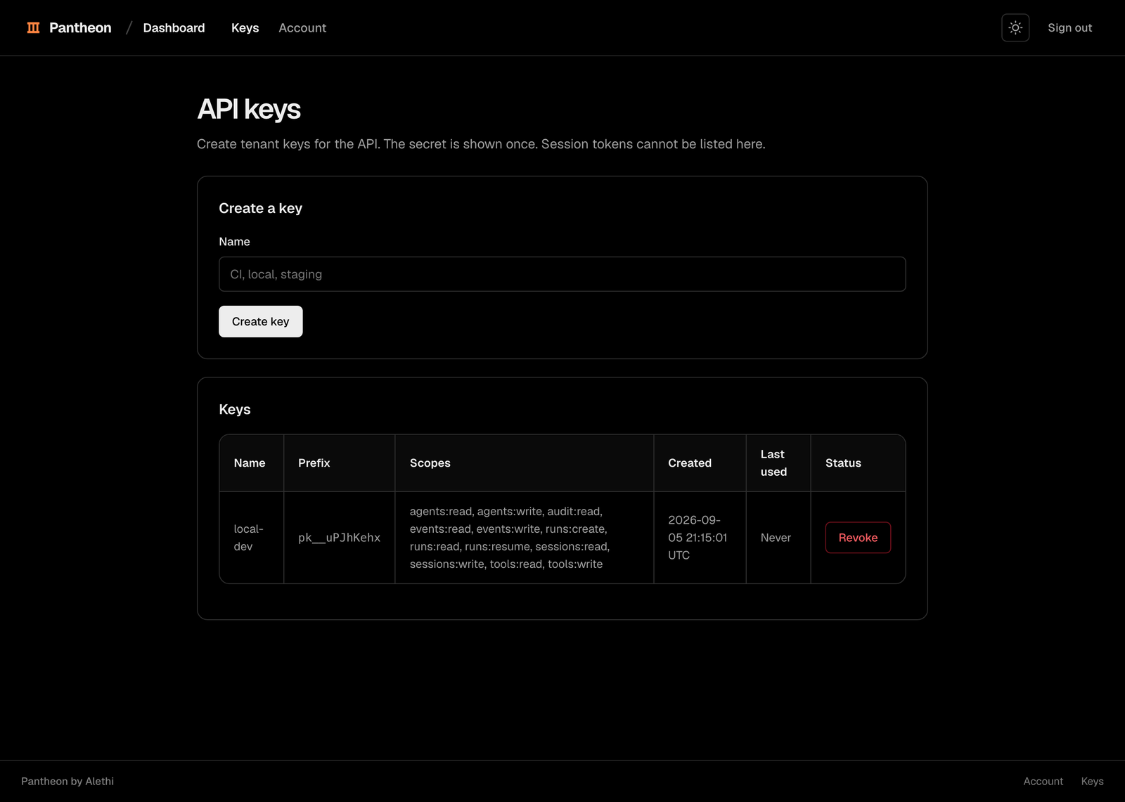 Pantheon keys page listing a key without its secret